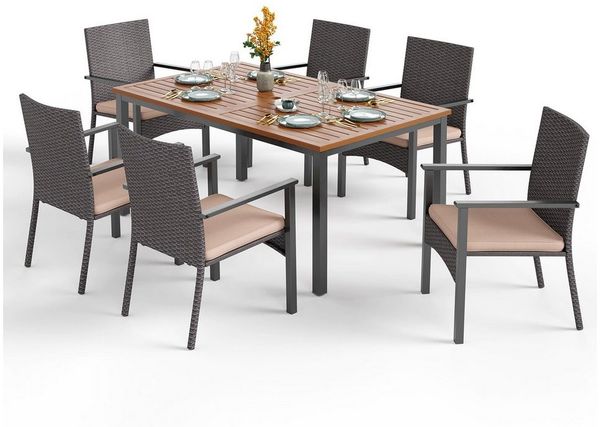 PHI VILLA Garten-Essgruppe, (für 6 Personen Balkonmöbel, Wetterfest Metall Teak Gartentisch und Rattanstühle), 7-teiliges Gartenmöbel Set