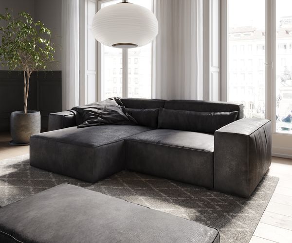 Ecksofa Sirpio 230x155 cm Lederimitat Vintage Anthrazit Recamiere variabel mit Hocker