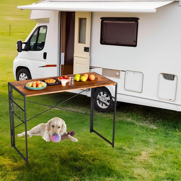 FurnitureR Klapptisch Camping Tisch 100x50 cm - Falttisch mit Haken & Stahlrahmen, 5,5cm flach, rostfrei, 50kg Tragkraft für Wohnmobil, Van, Reisen (Braun Holzoptik)