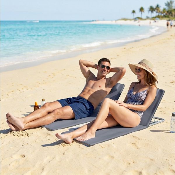 Outsunny Gartenliege Strandmatte mit Tragetasche, Faltbare Strandliege, 2 St, Strandmatratze, Stahl, Grau, 134 x 48 x 33-43 cm