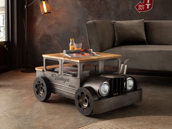 Rustikaler Sofatisch Car II 102x48x65cm Metall und Massivholz viel Ablage cooles Car-Design für Wohnzimmer und Bars massivum