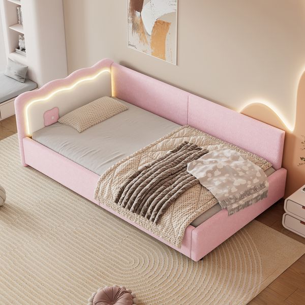 Bett 90x200 cm mit LED-Ambientebeleuchtung, rosa, mit Lattenrost, ohne Matratze