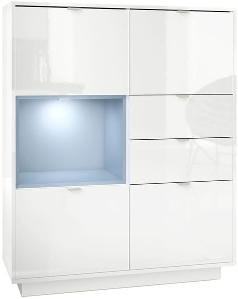 Highboard Sideboard Metro, Korpus in Weiß Hochglanz / Fronten in Weiß Hochglanz mit Einsatz in Denim matt, inkl. LED Beleuchtung