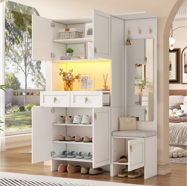 Yorbay Garderobe Set mit Schuhbank & Spiegel, Flurmöbel Weiß,Garderobenschrank, mit 5 Türen, 2 Schubladen, LED-Beleuchtung