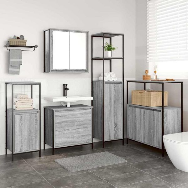 vidaXL Badezimmermöbel-Set mit Regal mit Tür 5 pcs Grau Holzwerkstoff 3328372