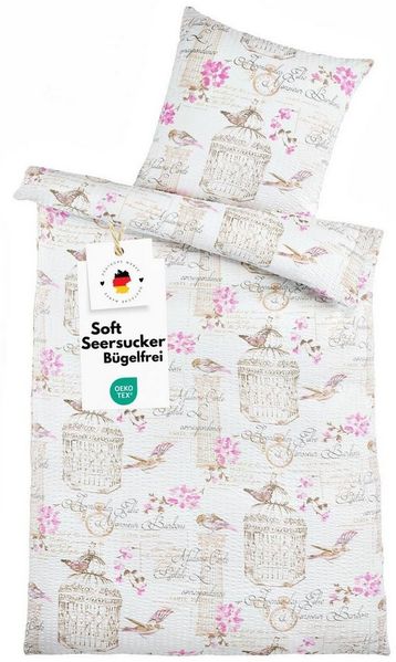 Carpe Sonno Bettwäsche Seersucker 135 x 200 Mikrofaser Sommer Bettwäsche Bügelfrei Leicht, Soft-Seersucker, 2 teilig, Polyester Bettbezug kühlend & OEKO-TEX Blumen Vogel 135x200