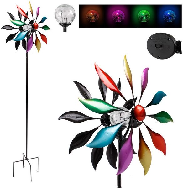 Windrad Windspiel Metall mit Solar LED Glaskugel Metall bunt Erdspieß Gartendeko