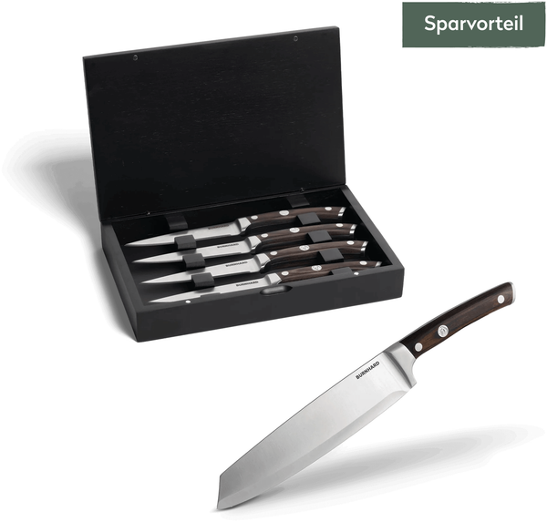 BURNHARD® Küchenmesser Set, 5-teilig, Chrom-Molybdän-Stahl 56±2 HRC, Pakkaholz-Griff, inkl. 4 Steakmesser & Akazienholzbox, scharfe Klinge, ergonomisch, Klingenschutz – RAGNAR - Multi-Color - #944134