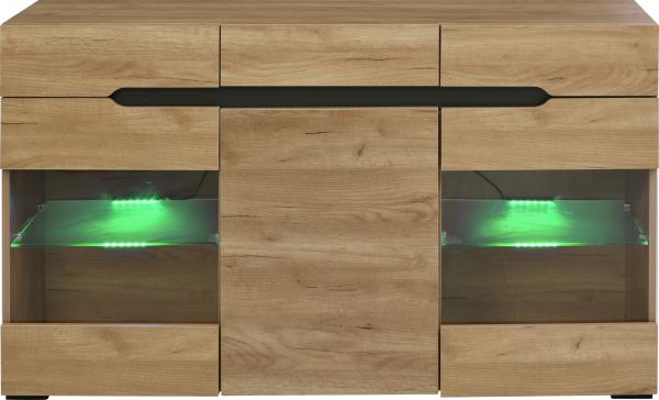 Merax LED Sideboard Schrank Modern Wohnzimmer Anrichte Möbel 3 Türen 3 Schubladen Moderne Kommode, Oak