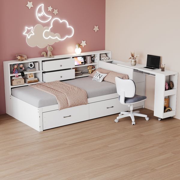 Multifunktionsbett 90x200 cm mit Stauraum, ausziehbarem Schreibtisch, USB-Anschlüssen, Seitenschränken, Schubladen