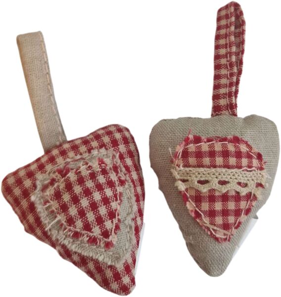 2er Set Herz Stoff Aufhängen rot beige Patchwork Dekoherz Hängedekoration