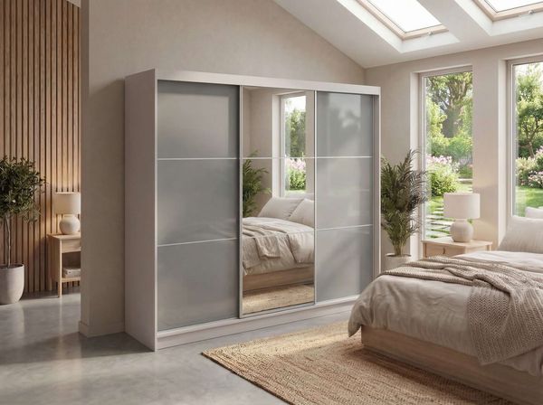 Schwebetürenschrank WALENCJA mit Spiegel & Lacobel-Glas, moderner Kleiderschrank, Breite 240 cm, High-Gloss Design - mit Schubladen - Kaschmir und Grau
