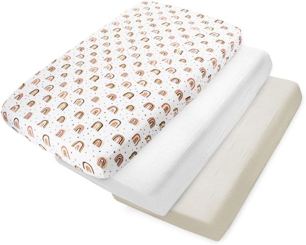Medi Partners Spannbettlaken Musselin 70x140 3-Pack Baby Bettlaken Kinderbett Spannbetttuch 100% Baumwolle - Musselinlaken Bettwäsche Babymatratze Schlafsack Babybett(Beige-Weiß-Graue)