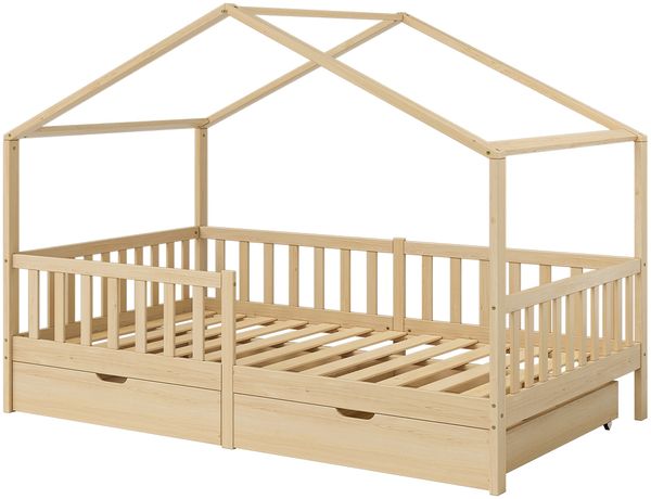 Bellabino 'Bia' Hausbett 120x200 cm mit 2 Schubladen, natur, Kiefer Massivholz, Montessori Kinderbett mit Stauraum, inkl. Rausfallschutz und Lattenrost Bild 2