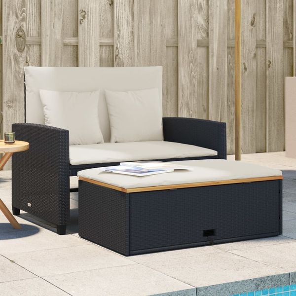 vidaXL Gartensofa mit Kissen 2-Sitzer Schwarz Poly Rattan&Akazienholz 365141