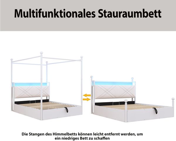 Multifunktionales Doppelbett140x190, mit Stauraum und Eisenbaldachin,mit abnehmbaren Bettpfosten mit LED-Beleuchtung und USB/Type-C Ladeanschlüssen sowie drei Schubladen,Weiß Bild 6