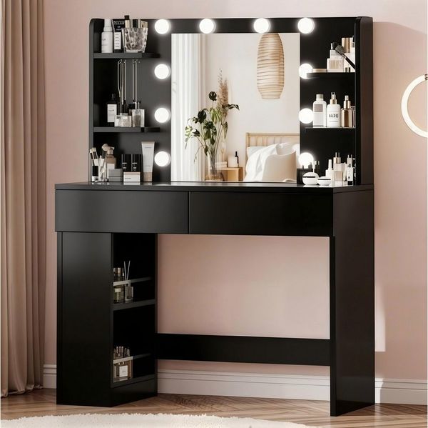 HOMALL Schminktisch Mit dreifarbiger LED-Beleuchtung, Helligkeit einstellbar (Länge × Breite × Höhe) 90 × 40 × 137 cm, mit Steckdose und 2 USB-Anschlüssen, seitliche Schränke links und rechts austauschbar, 8 offene Ablagefächer, 2 Schubladen, 4 Schmuck...