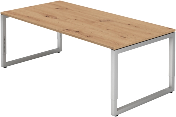 bümö höhenverstellbarer Schreibtisch R-Serie 200x100 cm in Asteiche, Gestell in Silber - großer PC Tisch für's Büro manuell höhenverstellbar, Computertisch verstellbar, RS-2E-R-S