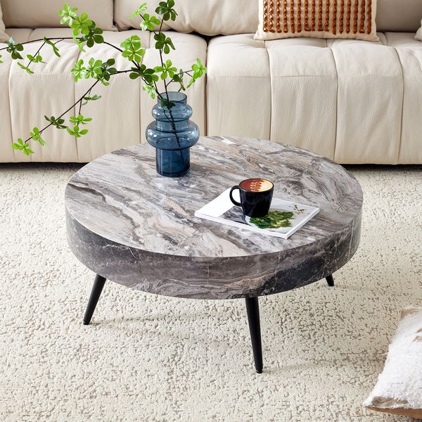 Couchtisch 70x70x35,5 cm in grauer Marmoroptik mit Metallbeinen, rund und modern