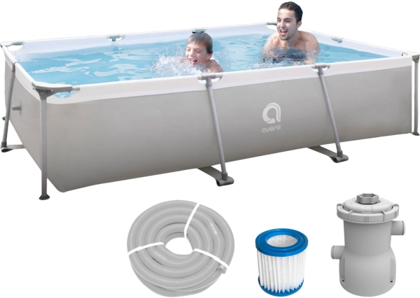 Avenli Frame Rectangular Pool Set 300 x 207 x 65 cm, Aufstellpool, rechteckig, mit Pumpe, grau
