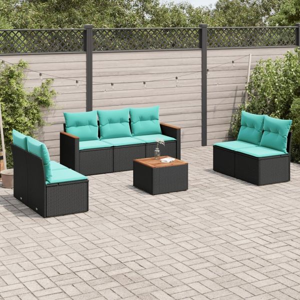 vidaXL 8-teiliges Gartensofa-Set mit Kissen, schwarzes Polyrattan 3225882
