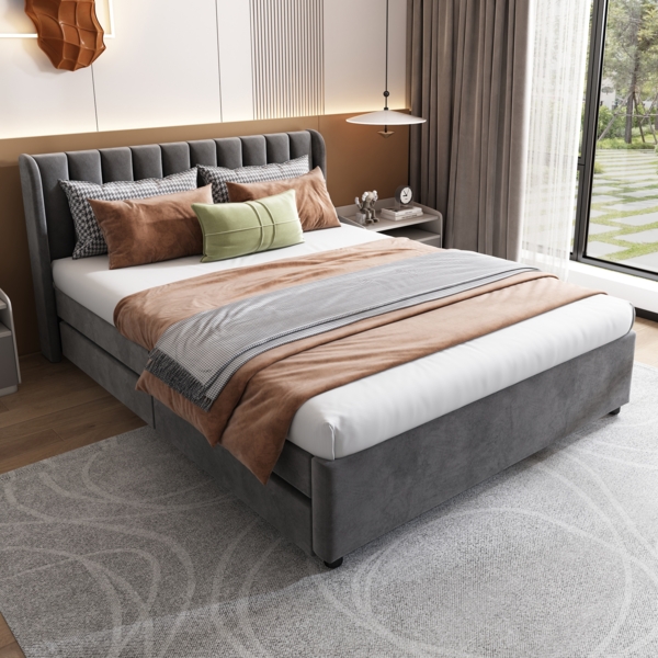 Samt Bett mit Stauraum Schubladen und hohem Kopfteil, 140x200 cm, grau, ohne Matratze