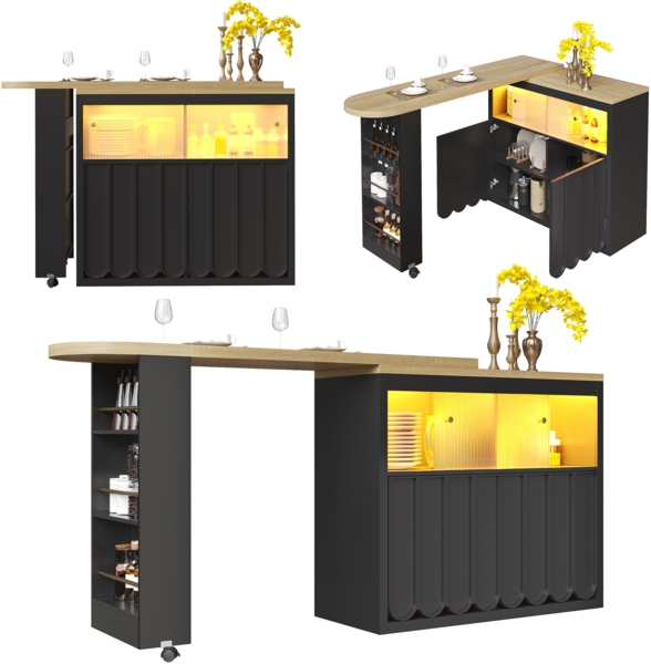 Sideboard 135-205x39x100 cm, ausziehbar mit Rollen, LED-Beleuchtung, USB & Glasfront, schwarz