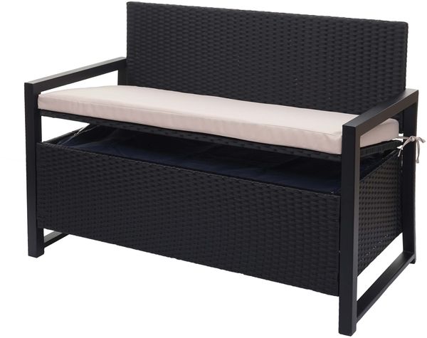 Poly-Rattan 2er Sitzbank HWC-F39, Gartenbank Truhenbank, Staufach Aufbewahrung Sitzkissen ~ anthrazit, Kissen beige