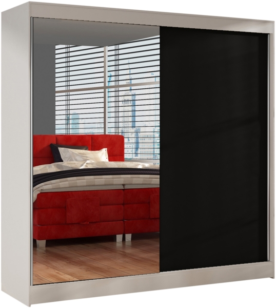 Schwebetürenschrank Basti I 200 cm mit Spiegel - Kleiderschrank, Schiebetürenschrank mit Kleiderstange und Einlegeboden, Schlafzimmerschrank, Schiebetüren, 200x215x58 cm (Weiß/Schwarz)