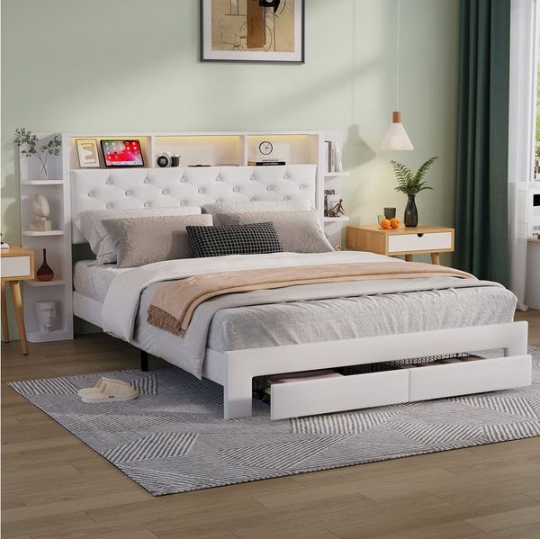 ADWOLT Stauraumbett Weiß Polsterbett Doppelbett mit 2 Schubladen (Set, 1-tlg, Kopfteil mit LED-Beleuchtung und Staufächer), Funktionsbett Jugendbett, Samtstoff, Ohne Matratze, 160x200cm