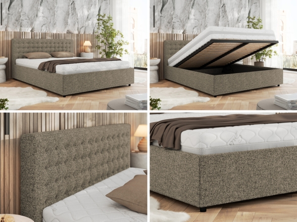 Polsterbett mit Holzlattenrost Doppelbett PAVO CLASSIC, hohe Kopfteil, Bettkasten mit Gasdruckfeder Multipocket Matratze - 200 x 200 cm - Grau Strukture - ELORI LUX Bild 2