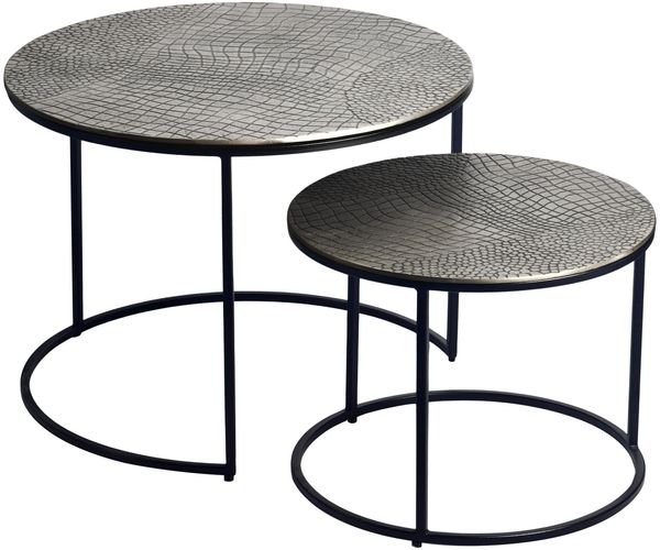Satztisch Metall 2er Set rund silber - Couchtisch Aluminium Tischplatten mit Muster - Beistelltisch Sofatisch Alu modern - Wohnzimmertisch Eisen Gestell Handmade