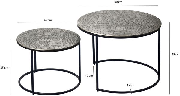 Satztisch Metall 2er Set rund silber - Couchtisch Aluminium Tischplatten mit Muster - Beistelltisch Sofatisch Alu modern - Wohnzimmertisch Eisen Gestell Handmade Bild 4