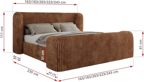 Polsterbett mit Lattenrost, Doppelbett für Schlafzimmer, Gepolstertes Kopfteil, Foam matratze, Härtegrad H2 - EMORA CLASSIC DUO - 200 x 200 cm - Orange Cord - MIRO - LUX Bild 4