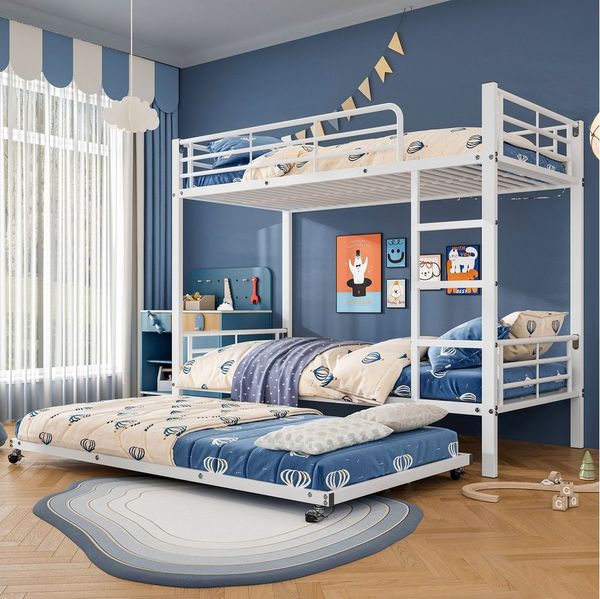 Flieks Etagenbett, Dreierbett Metallbett 90x200cm mit Leiter und Ausziehbett 90x190cm