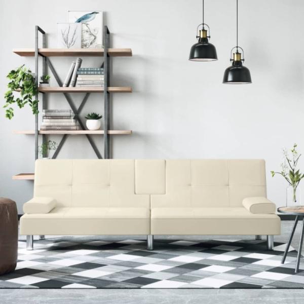 Schlafsofa mit Getränkehaltern Creme Kunstleder (Farbe: Creme)