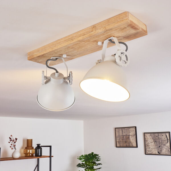 hofstein Deckenleuchte »Mot« Deckenlampe aus Metall/Holz in Weiß/Natur, ohne Leuchtmittel, mit verstellbaren Strahlern, 2xE14, Retro/Vinatge Design