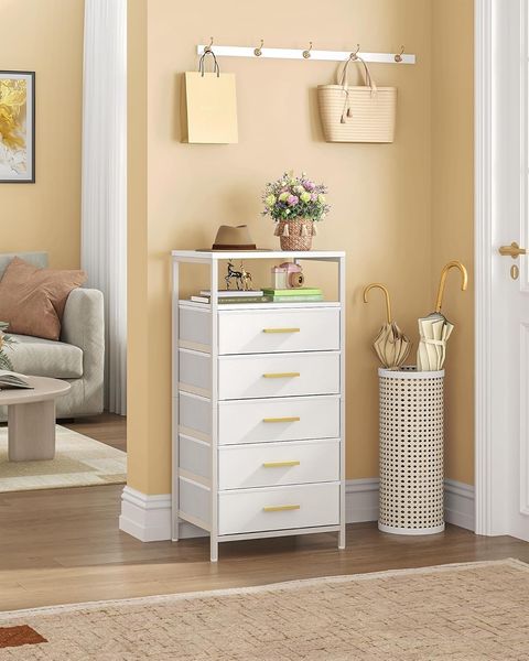Nachttisch, Beistelltisch mit 5 Stoff-Schubladen und Regalen, Offenes Fach, Couchtisch, Nachtschrank Schlafzimmer, für Wohnzimmer, Schlafzimmer, Weiß