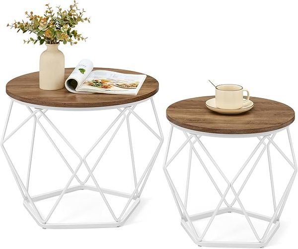 Vasagle Couchtisch rund 2er Set, abnehmbare Tischplatte, Holzspanplatte / Stahl honigbraun-wolkenweiß