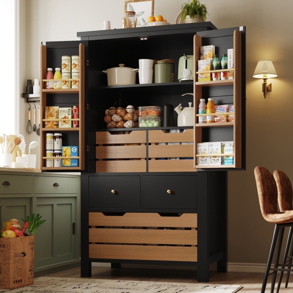 Sideboard 80×40×140 cm Schwarz mit großem Stauraum, Schubladen & Doppeltüren, Küche Wohnbereich Aufbewahrungsschrank