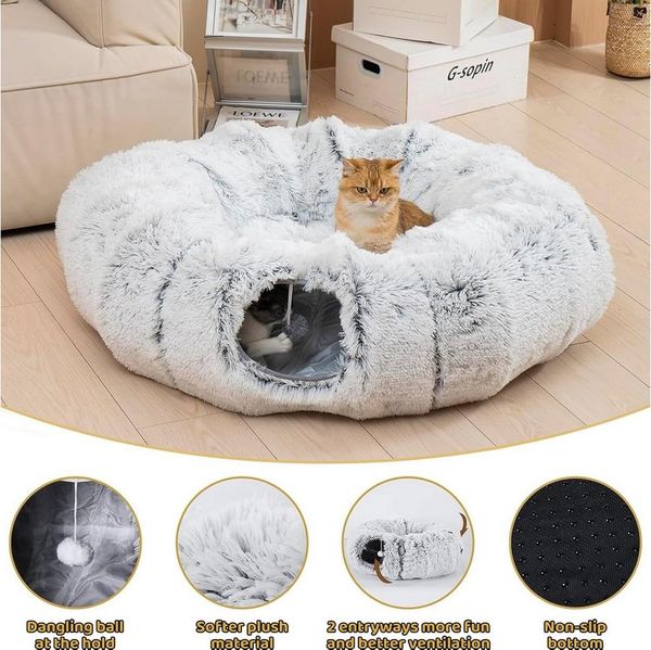 SURFOU Tierbett Katzentunnel mit Waschbarem Kissen Vielseitiges Spiel und Schlafplatz, plüschiges Material und integriertes Fenster, mit Schlafplatz & Spielspaß, Tierbett und Katzentunnel in einem