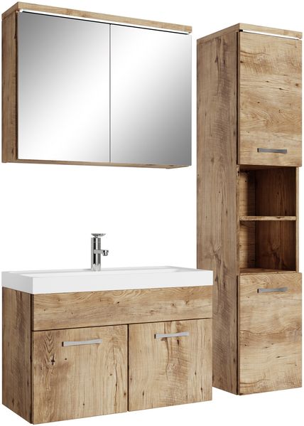 Badplaats Badmöbel Komplettset Paso LED 80x40 cm Kastanien Eiche - Badezimmermöbel mit Waschbecken, Spiegelschrank und Badezimmerschrank