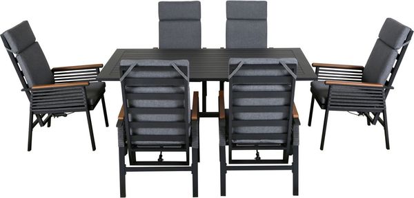 KONIFERA Garten-Essgruppe Edessa Komfort, (Set, 13-tlg, 6x Stuhl mit Rückenverstellung, 1x Tisch 180x97x74 cm, inkl. Auflagen), Tischplatte aus Alu-Lamellen,Armlehne mit Seilgeflecht&Noonwood-Latten