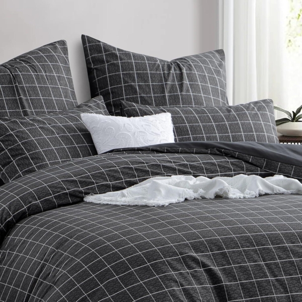 Bettwäsche 200x200 3tlg Anthrazit Gitter Muster Mikrofaser Reißverschluss Bild 3
