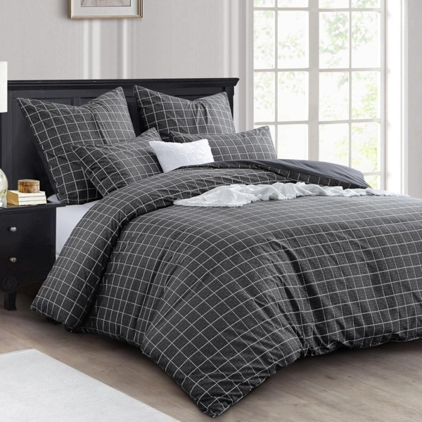 Bettwäsche 200x200 3tlg Anthrazit Gitter Muster Mikrofaser Reißverschluss Bild 2