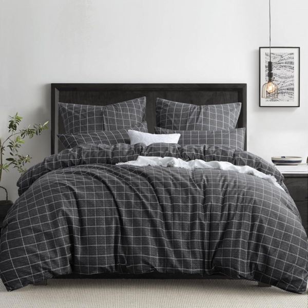 Bettwäsche 200x200 3tlg Anthrazit Gitter Muster Mikrofaser Reißverschluss