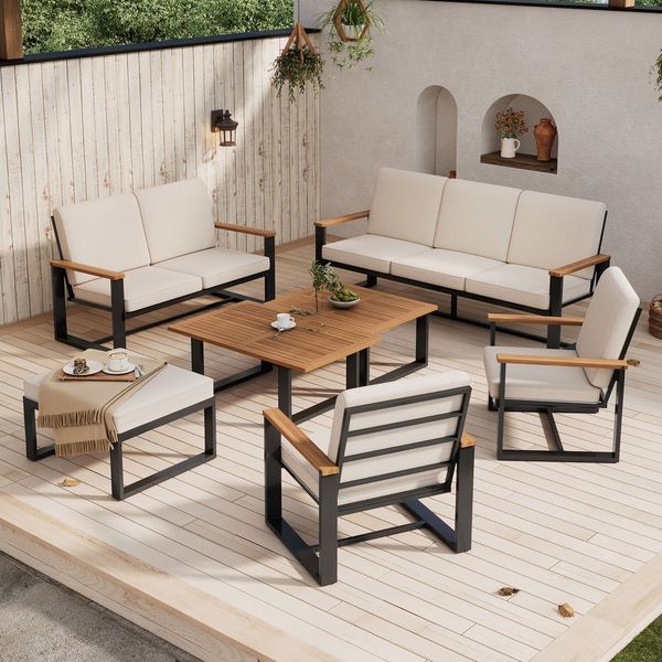 Merax Gartenlounge-Set aus Akazienholz und Stahl, (7-tlg, Sitzgruppe Gartengarnitur Balkonmöbel), 8-Sitzer Gartenmöbel-Set mit Sofas, 2 Sessel, 1 Hocker & Couchtisch