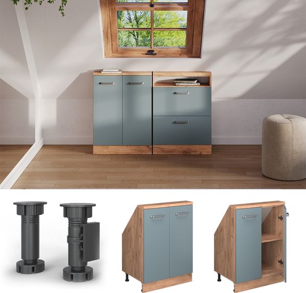 Küchenschrank für Dachschrägen R-Line Blau-Grau 60 cm mit 2 Türen Vicco Bild 2
