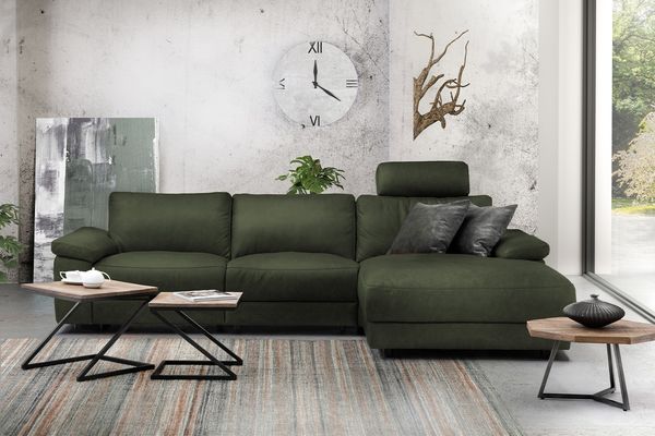 KAWOLA Sofa LOLA Ecksofa XL Leder moosgrün mit motorischer Relaxfunktion Recamiere rechts 84 x 178 x 304 cm