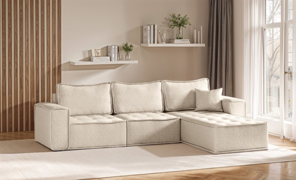 Ecksofa Modulsofa 3-teilig SANDE Stoff Raven Creme Ottomane Rechts